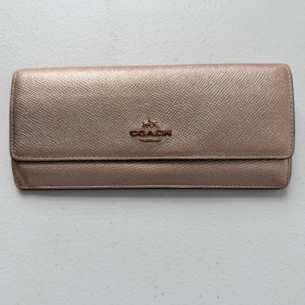 PRICE DROP Coach Trifold Wallet Rose Gold Metallic Crossgrain Leather 7.5x3.5x1
